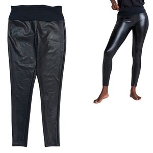 Assets by Spanx Black Glossy Faux Leather Leggings Shaping Waistband 20258R
